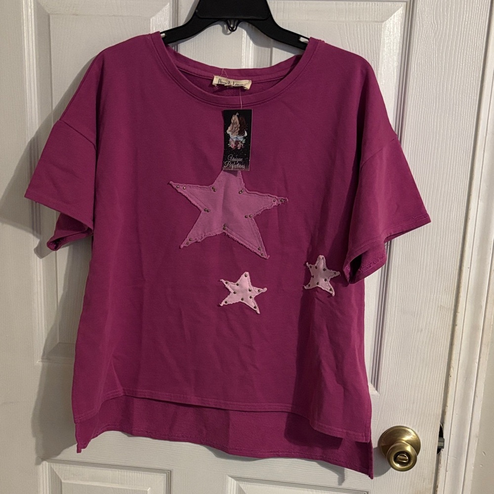 New Peach Love Magenta Patchwork Star Embellished Top small New